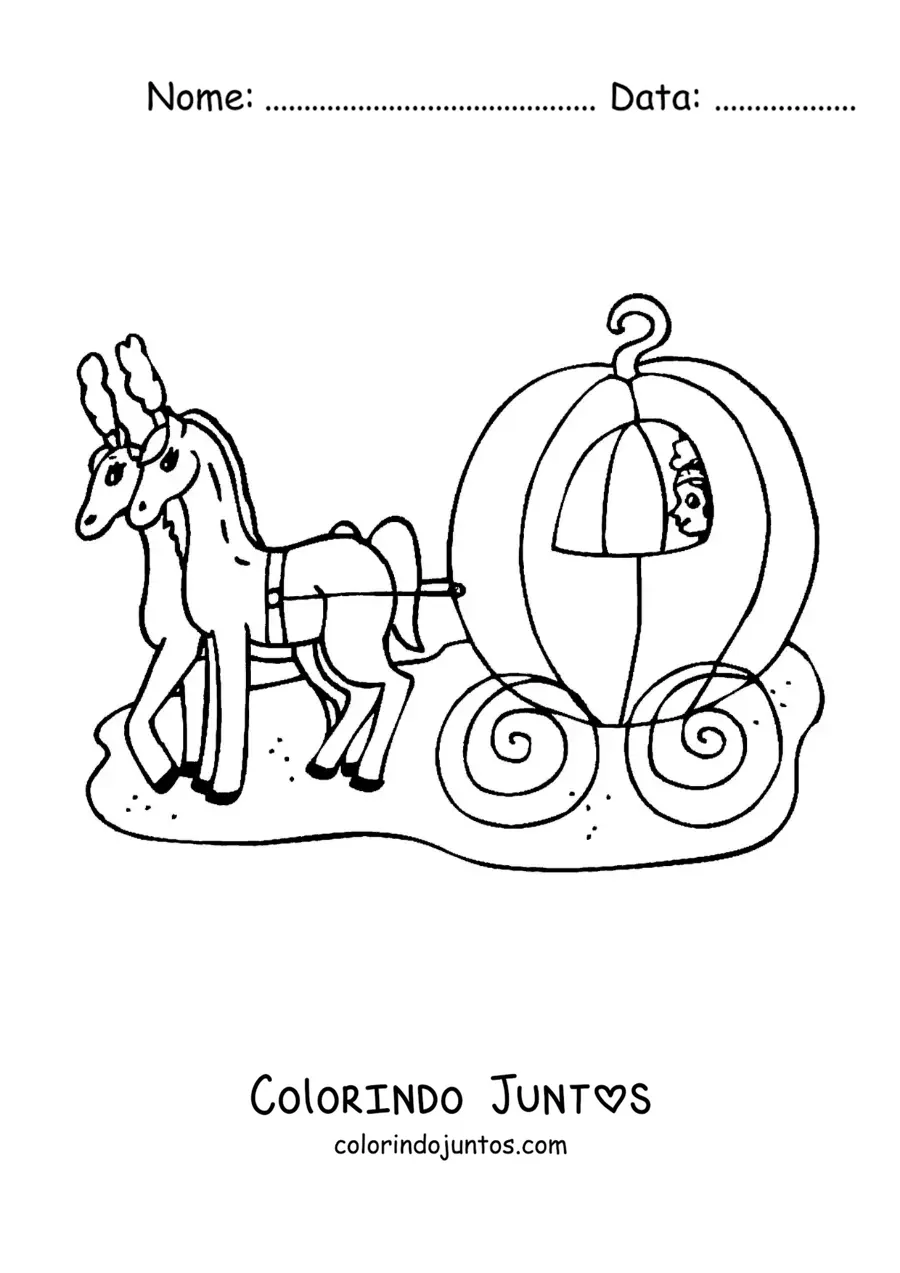 Desenho para colorir da carruagem da Cinderela com os seus cavalos