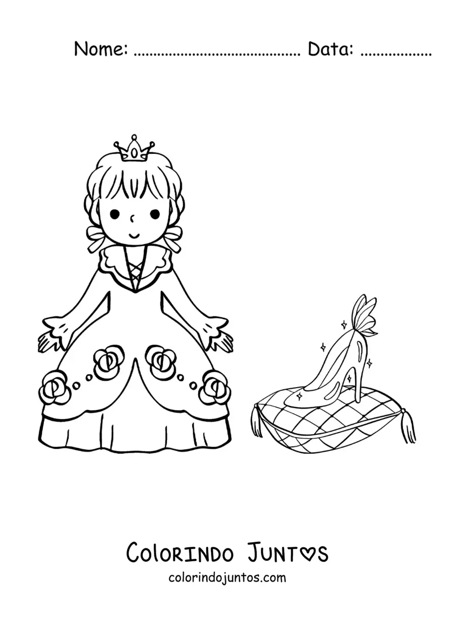 Desenho para colorir de Cinderela kawaii com o sapatinho de cristal