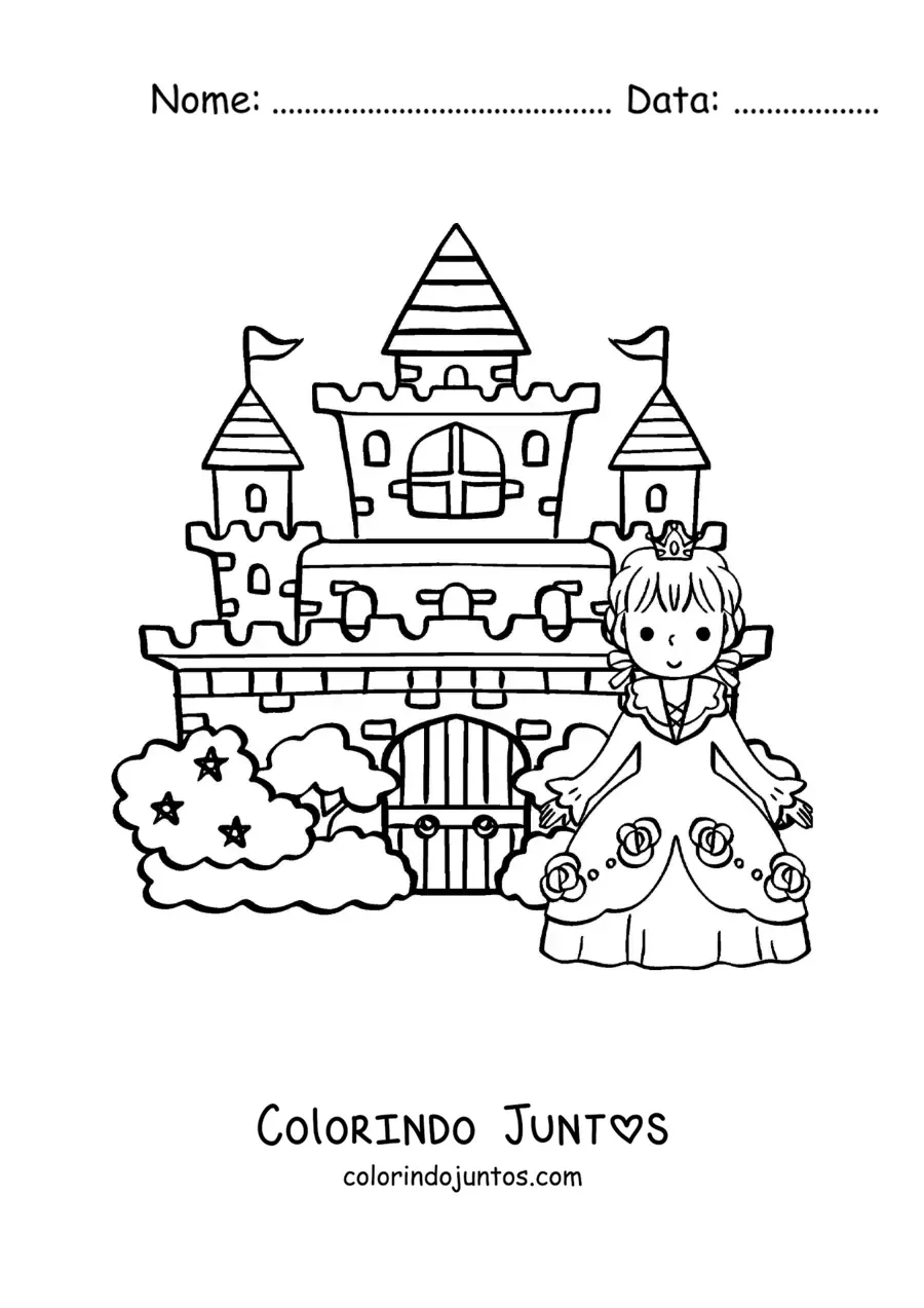 Desenho para colorir de Cinderela kawaii no castelo