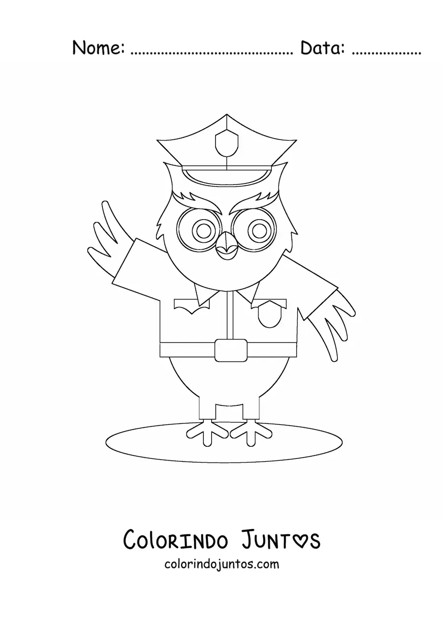 Desenho para colorir de uma coruja animada com uniforme de policial