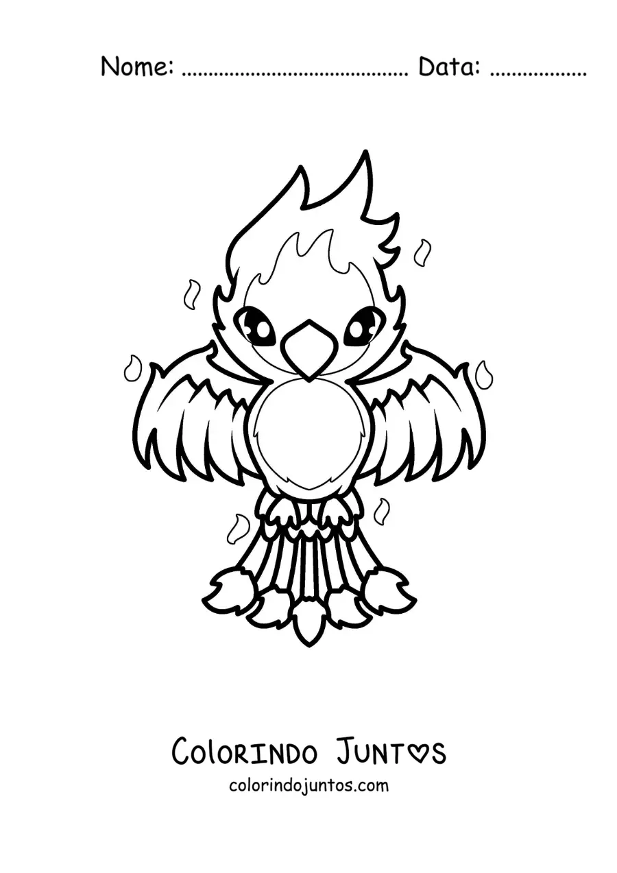 Desenho para colorir de fênix kawaii em chamas