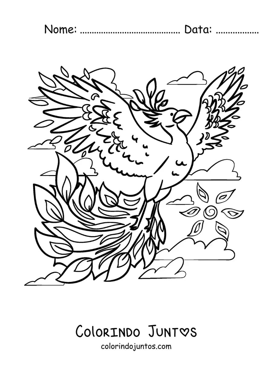 Desenho para colorir de fênix de fogo voando