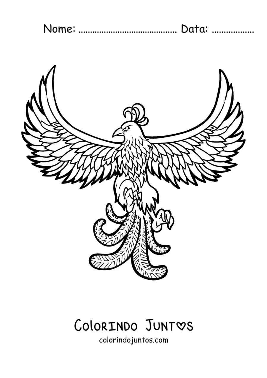 Desenho para colorir de uma ave fênix voando