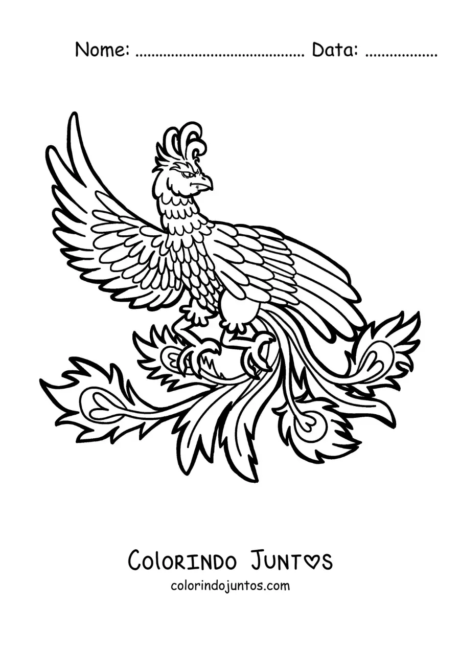 Desenho para colorir de uma ave fênix de fogo