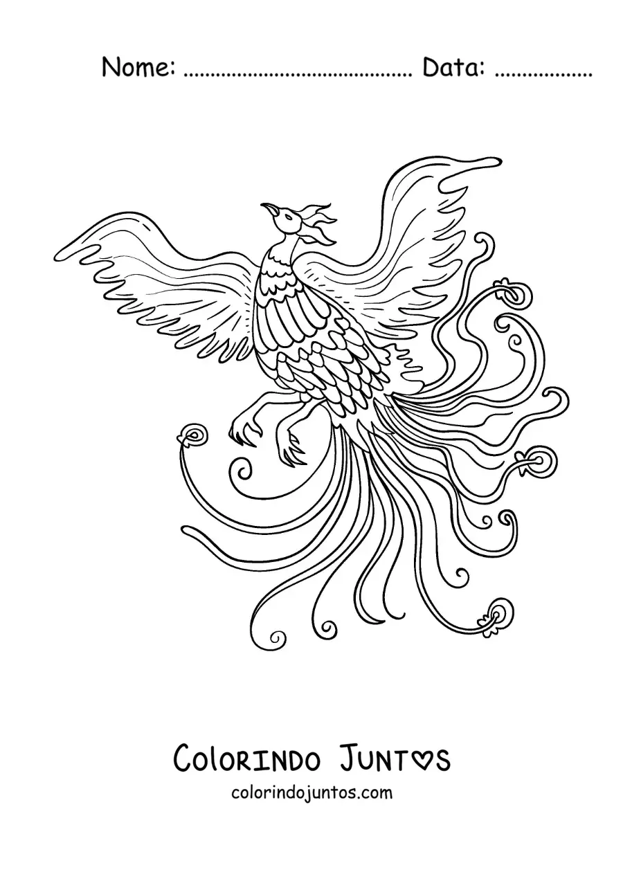 Desenho para colorir de uma ave fênix renascendo