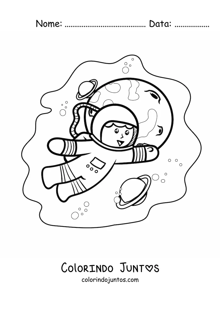 Desenho para colorir de um astronauta kawaii flutuando no espaço
