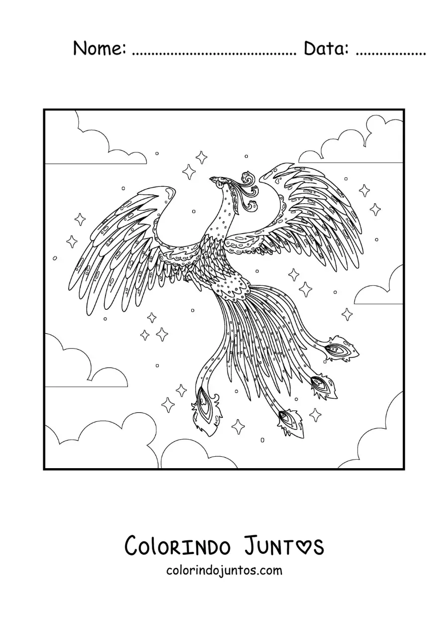 Desenho para colorir de fênix mágica voando