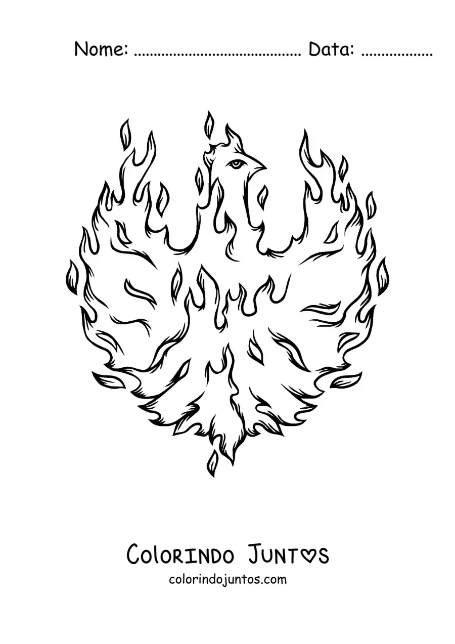 Desenho para colorir de uma ave fênix em chamas