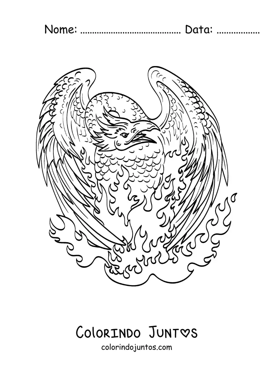 Desenho para colorir de fênix em chamas renascendo
