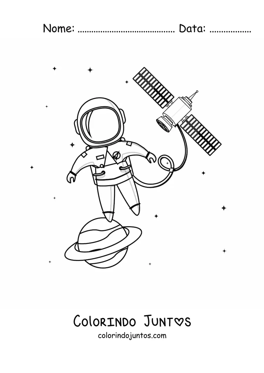 Desenho para colorir de um astronauta no espaço ao lado de um satélite