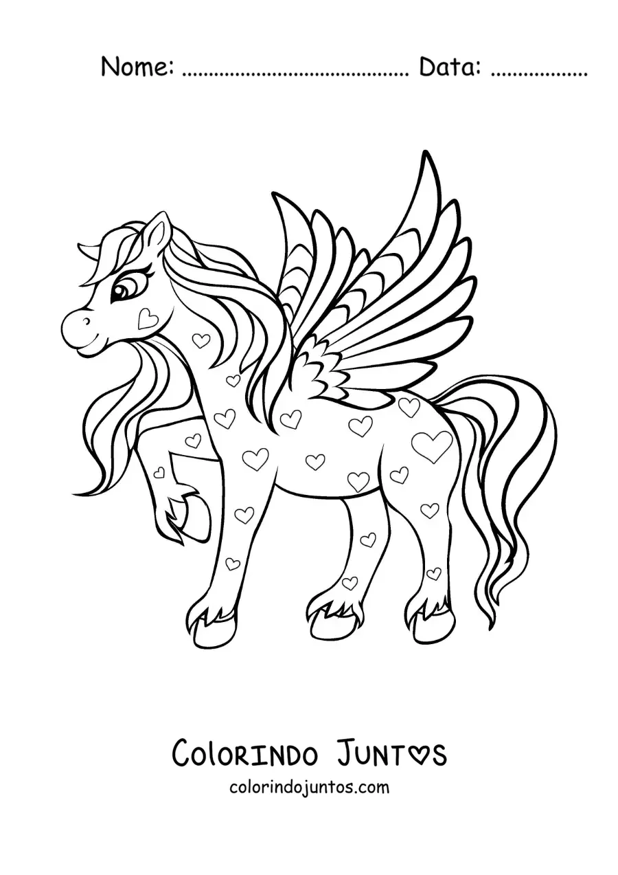 Desenho para colorir de lindo Pégaso alado com corações