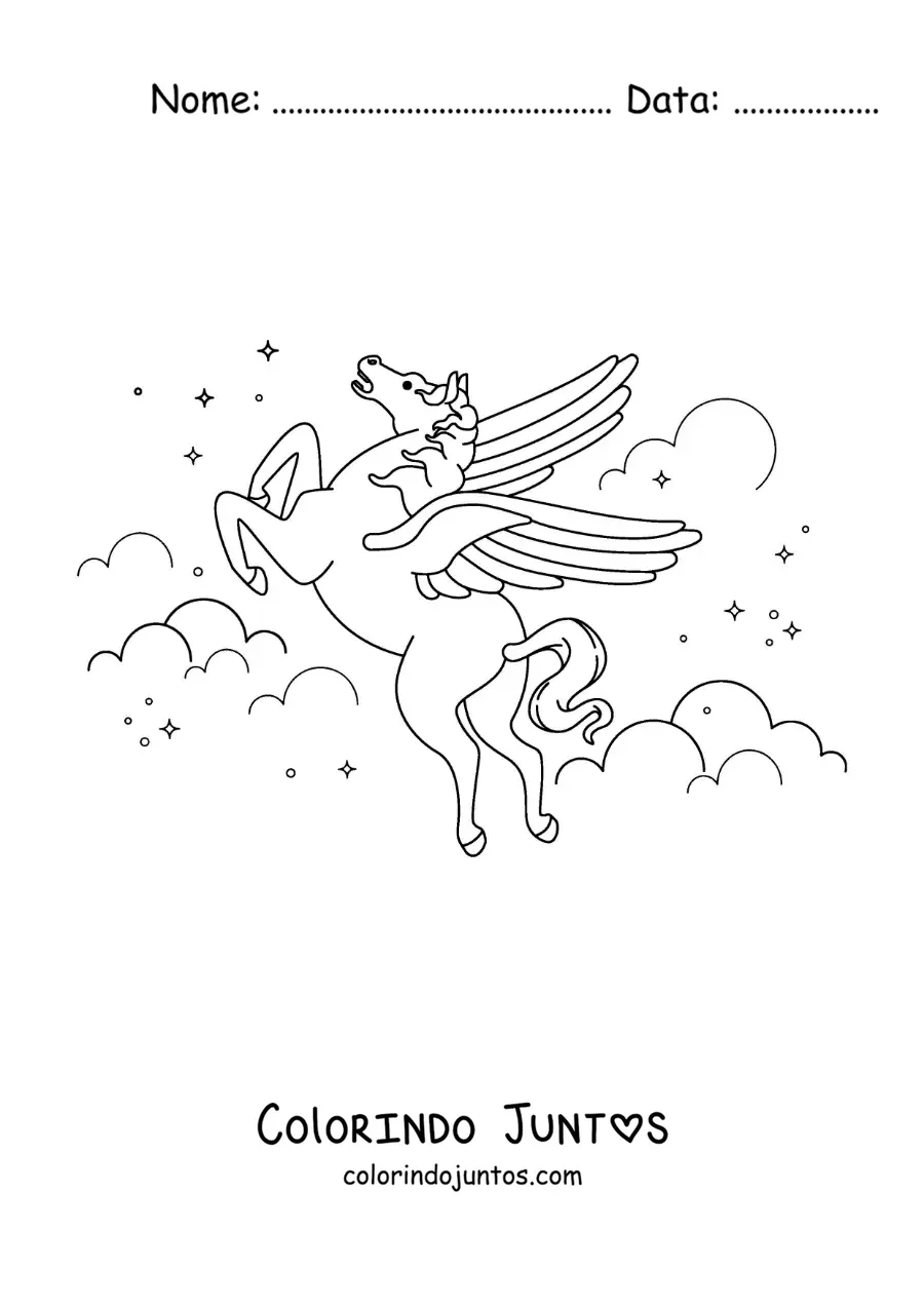 Desenho para colorir de Pégaso mágico voando no céu