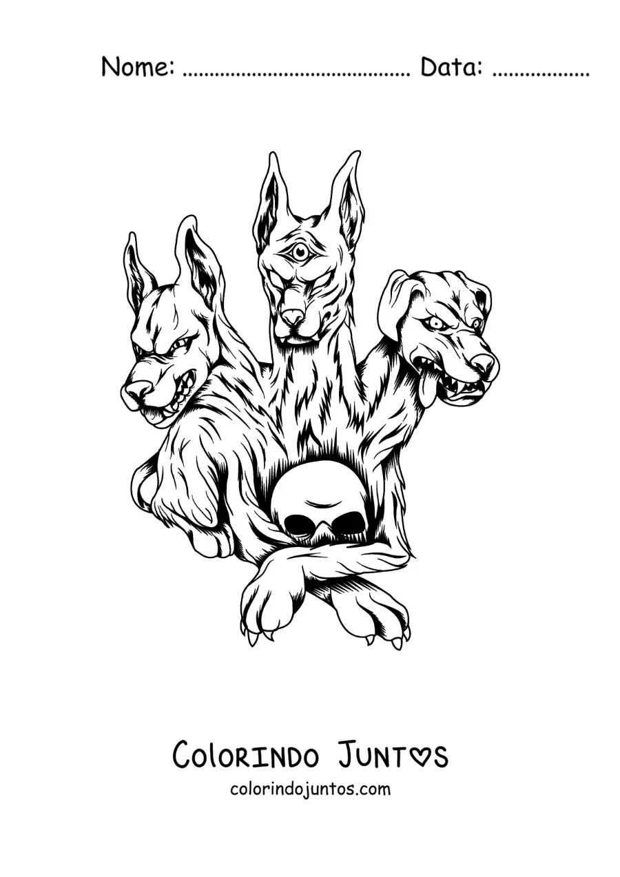 Desenho para colorir de Cérbero o guardião do submundo com uma caveira