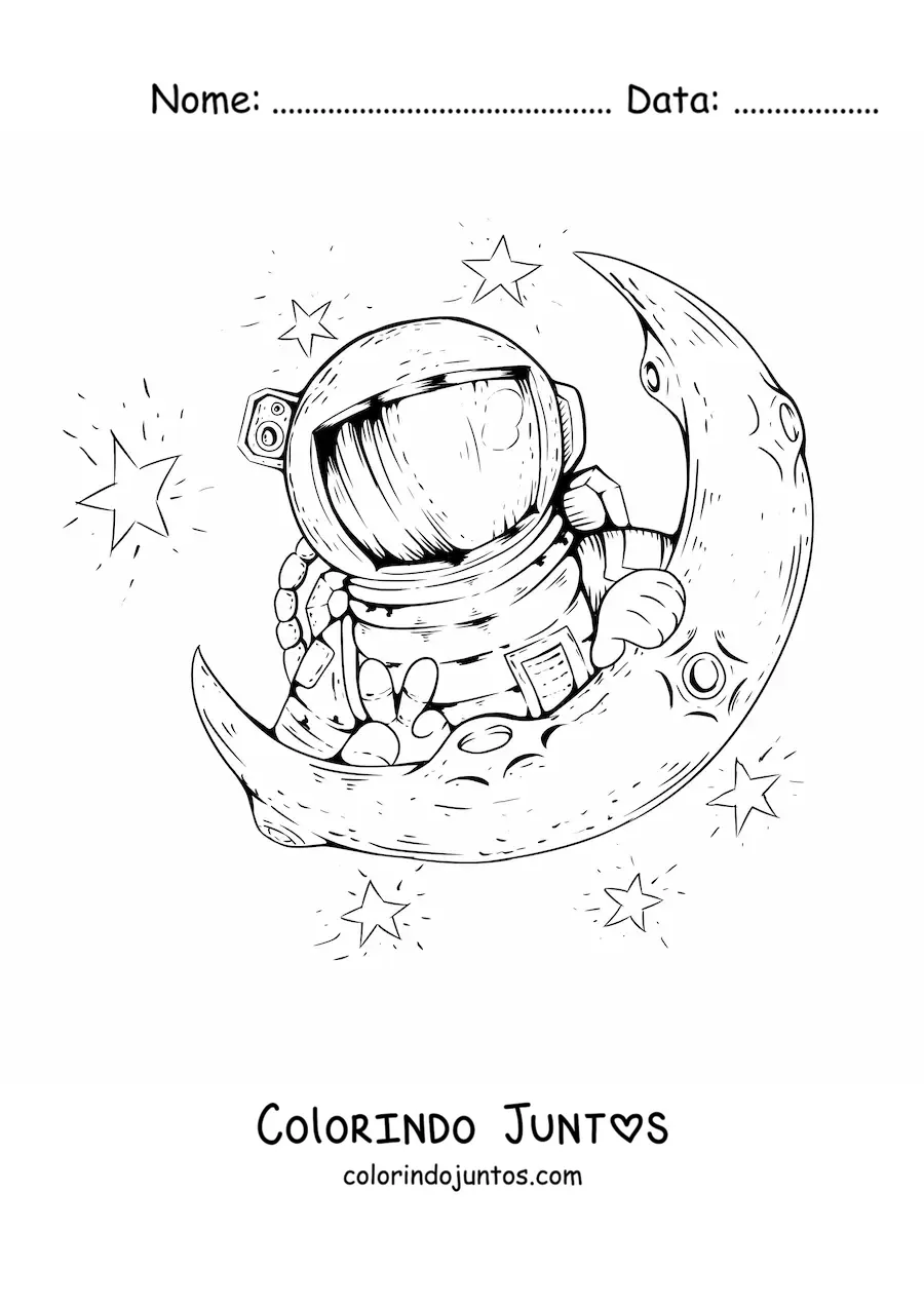 Desenho para colorir de um astronauta surgindo sobre meia Lua