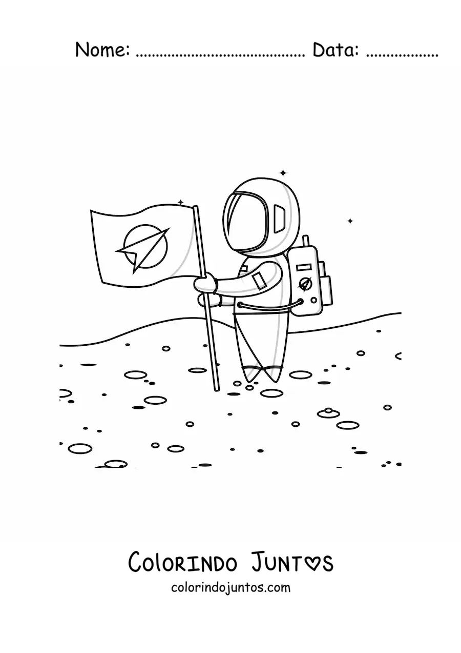 Desenho para colorir de um astronauta fincando uma bandeira na Lua