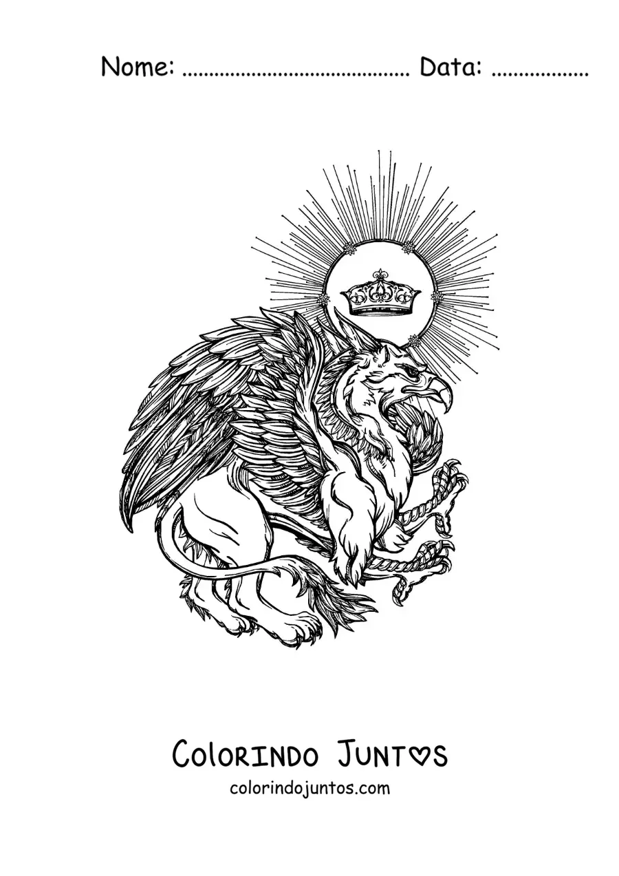 Desenho para colorir de grifo mitológico realista com uma coroa