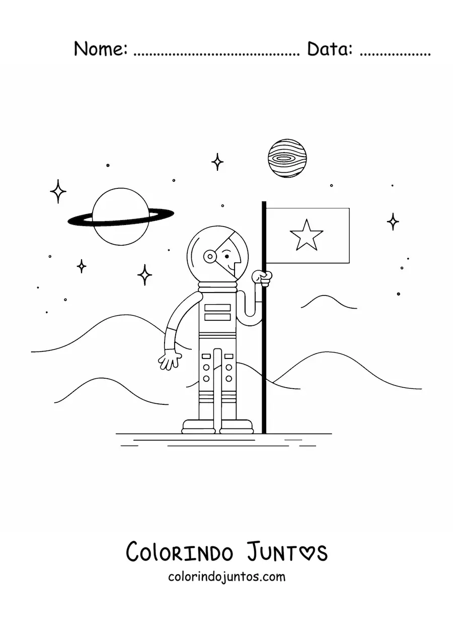 Desenho para colorir de um astronauta com uma bandeira em Marte
