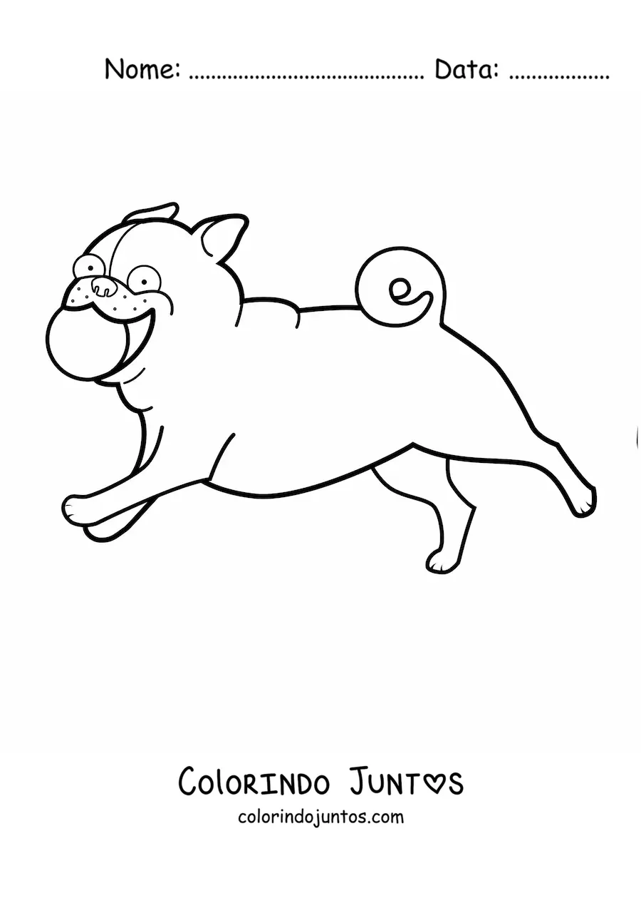 Desenho para colorir de um pug correndo mordendo uma bola
