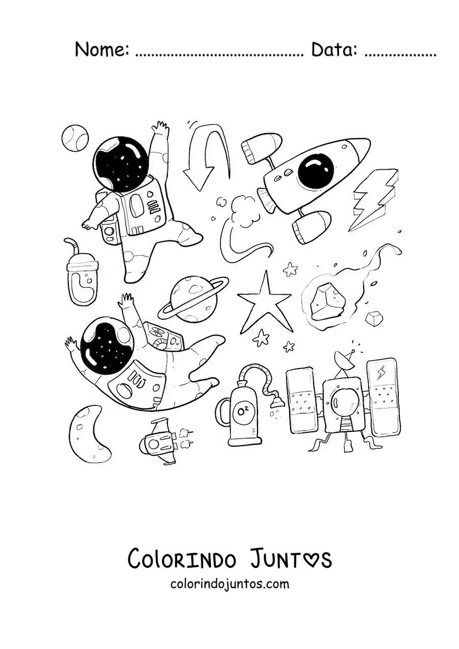 Desenho para colorir de dois astronautas animados rodeados de foguetes e estrelas