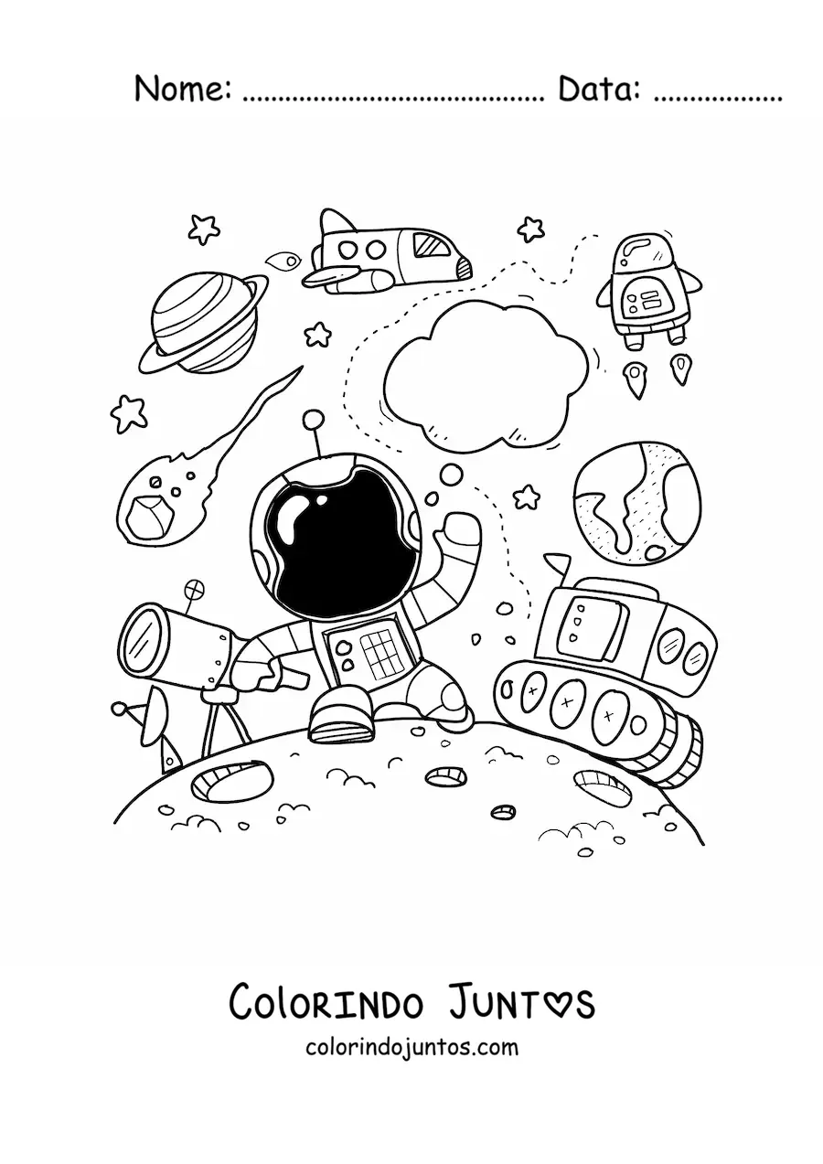 Desenho para colorir de um astronauta animado rodeado de planetas
