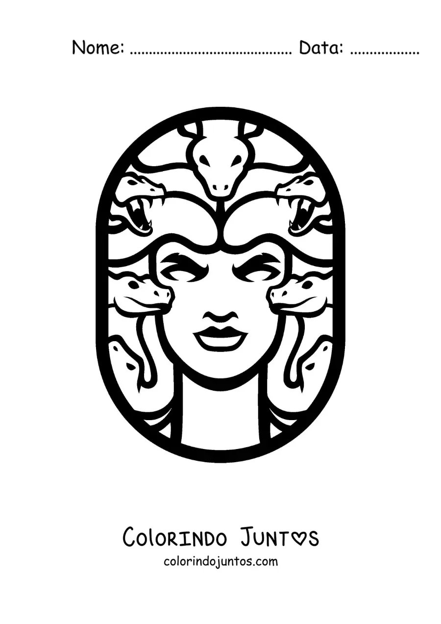 Desenho para colorir da cabeça de Medusa com serpentes