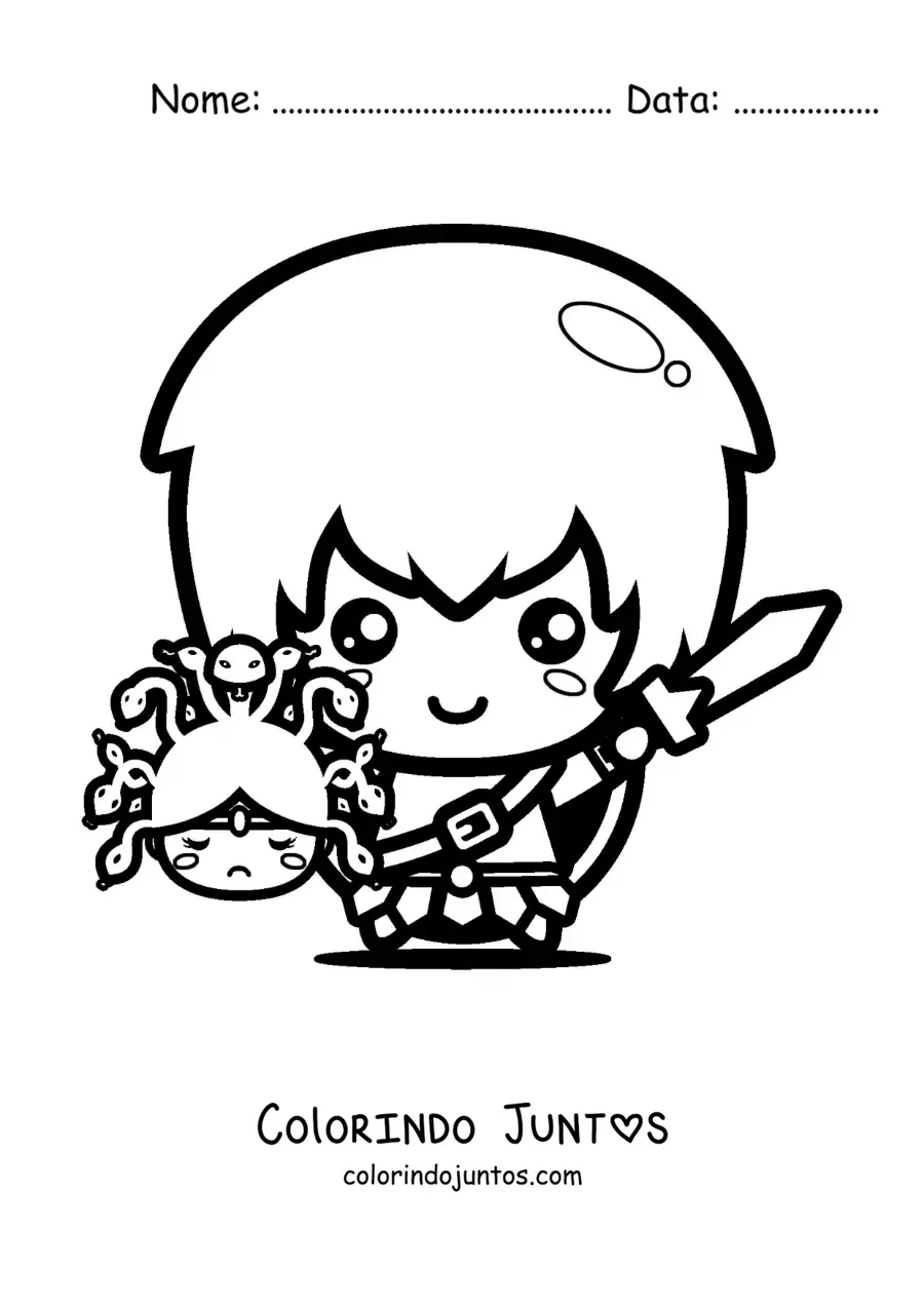 Desenho para colorir de Perseu kawaii com a cabeça de Medusa