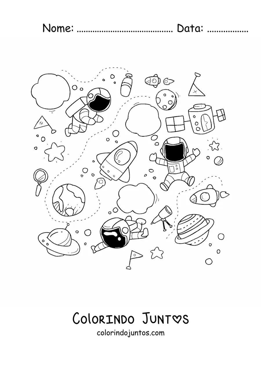 Desenho para colorir de três astronautas animados e naves espaciais
