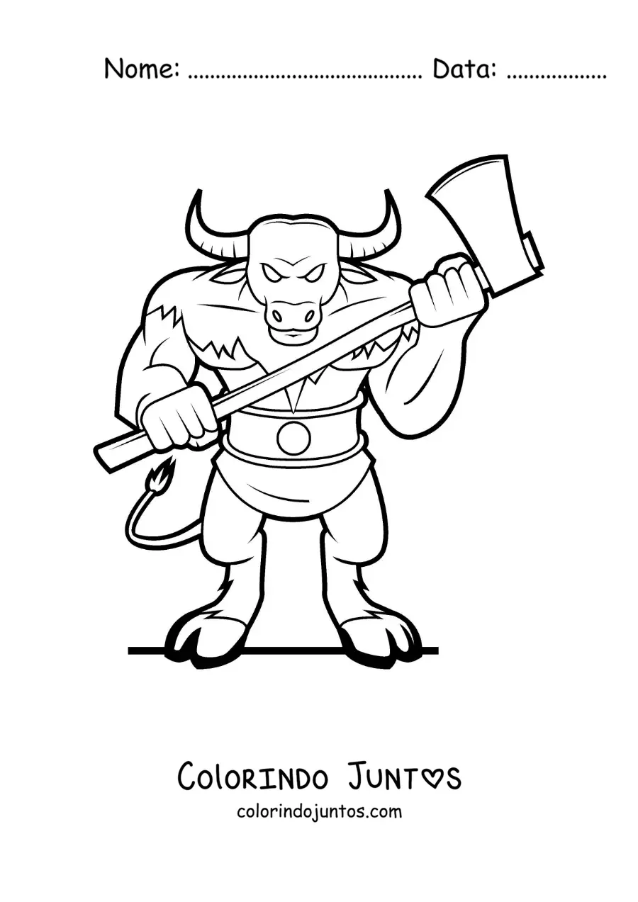 Desenho para colorir do Minotauro do labirinto com uma arma
