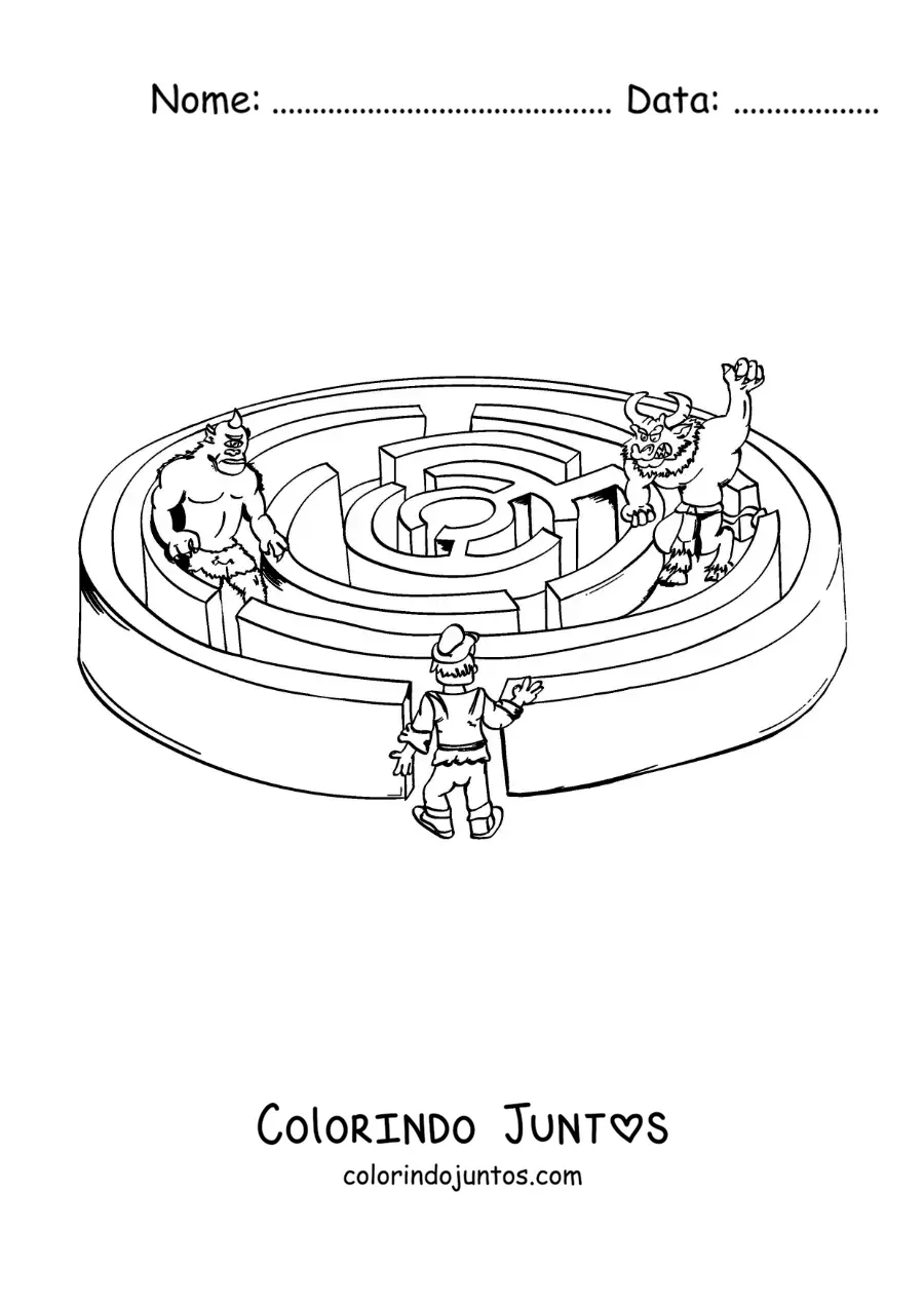 Desenho para colorir do Minotauro animado no labirinto