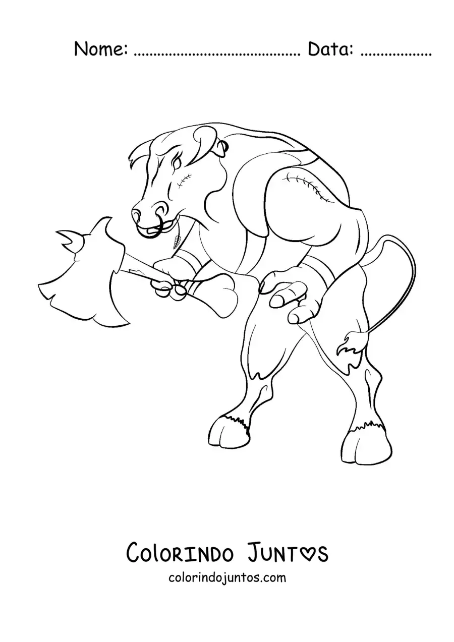 Desenho para colorir do Minotauro de Creta com um machado