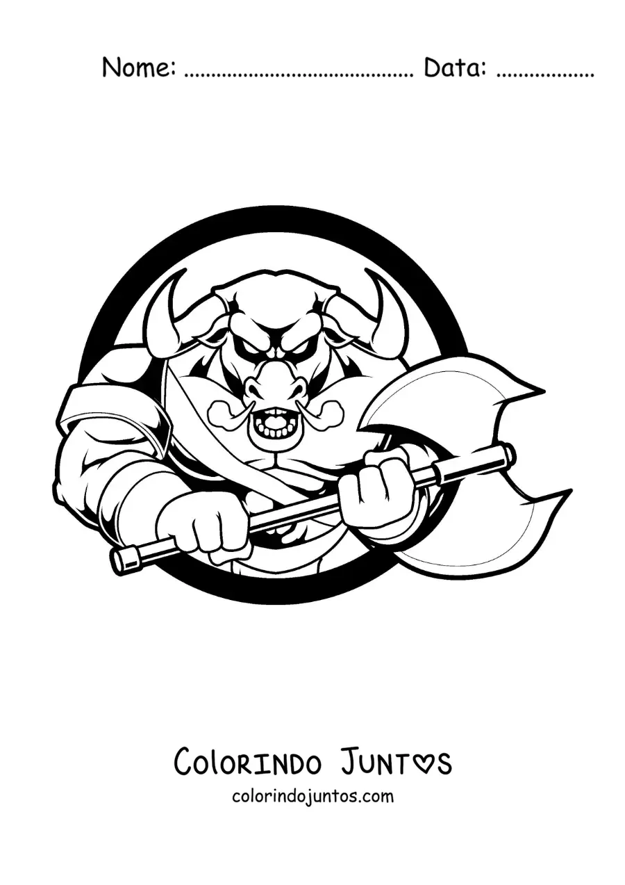 Desenho para colorir do Minotauro da mitologia com um machado