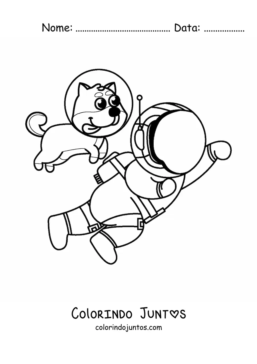 Desenho para colorir de um cachorro com capacete espacial ao lado de um astronauta animado