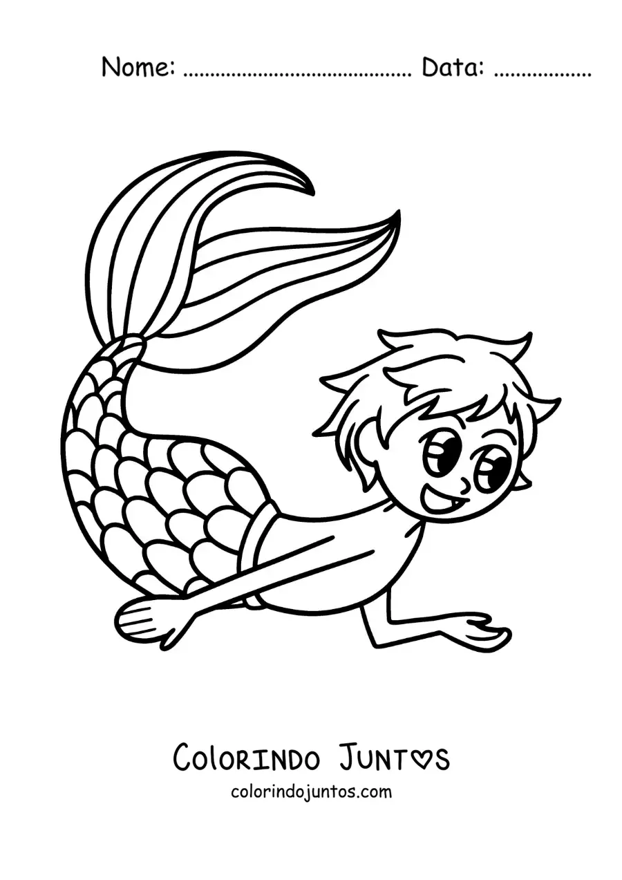 Desenho para colorir de um tritão kawaii nadando