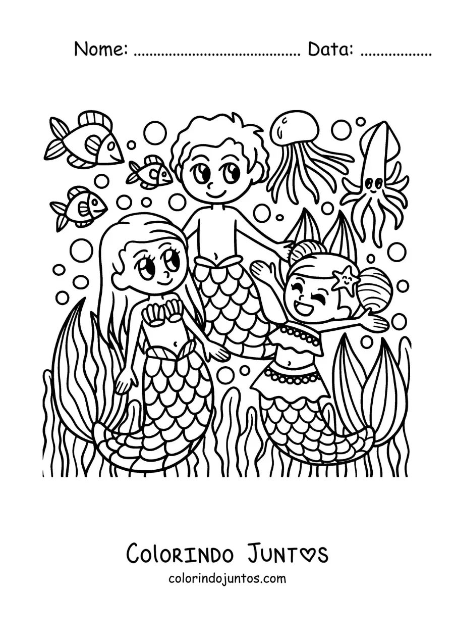 Desenho para colorir de duas sereias e um tritão no mar