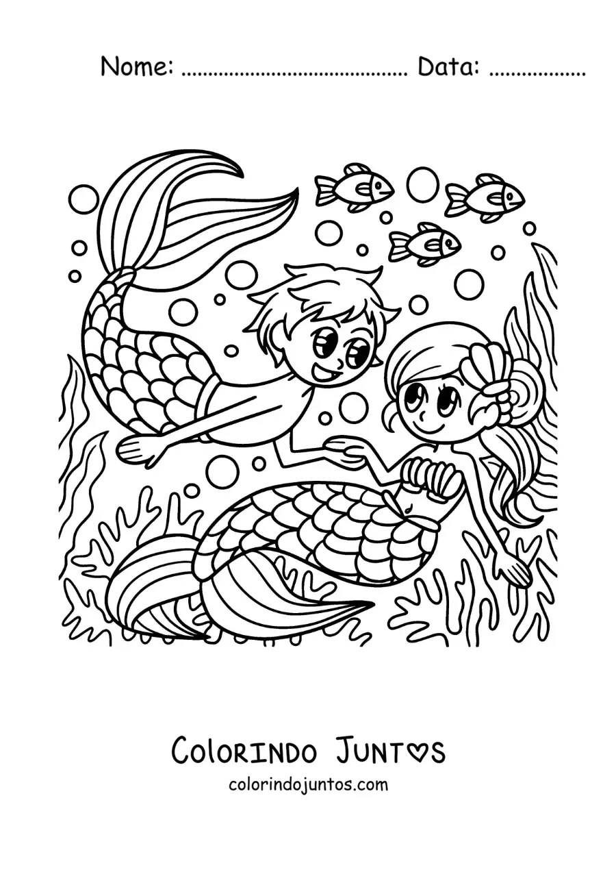 Desenho para colorir de casal de um tritão e uma sereia