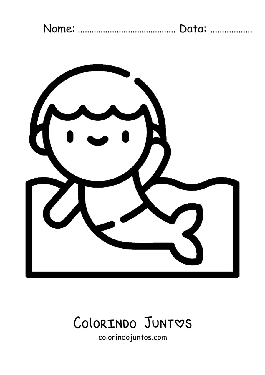 Desenho para colorir de um tritão kawaii no mar