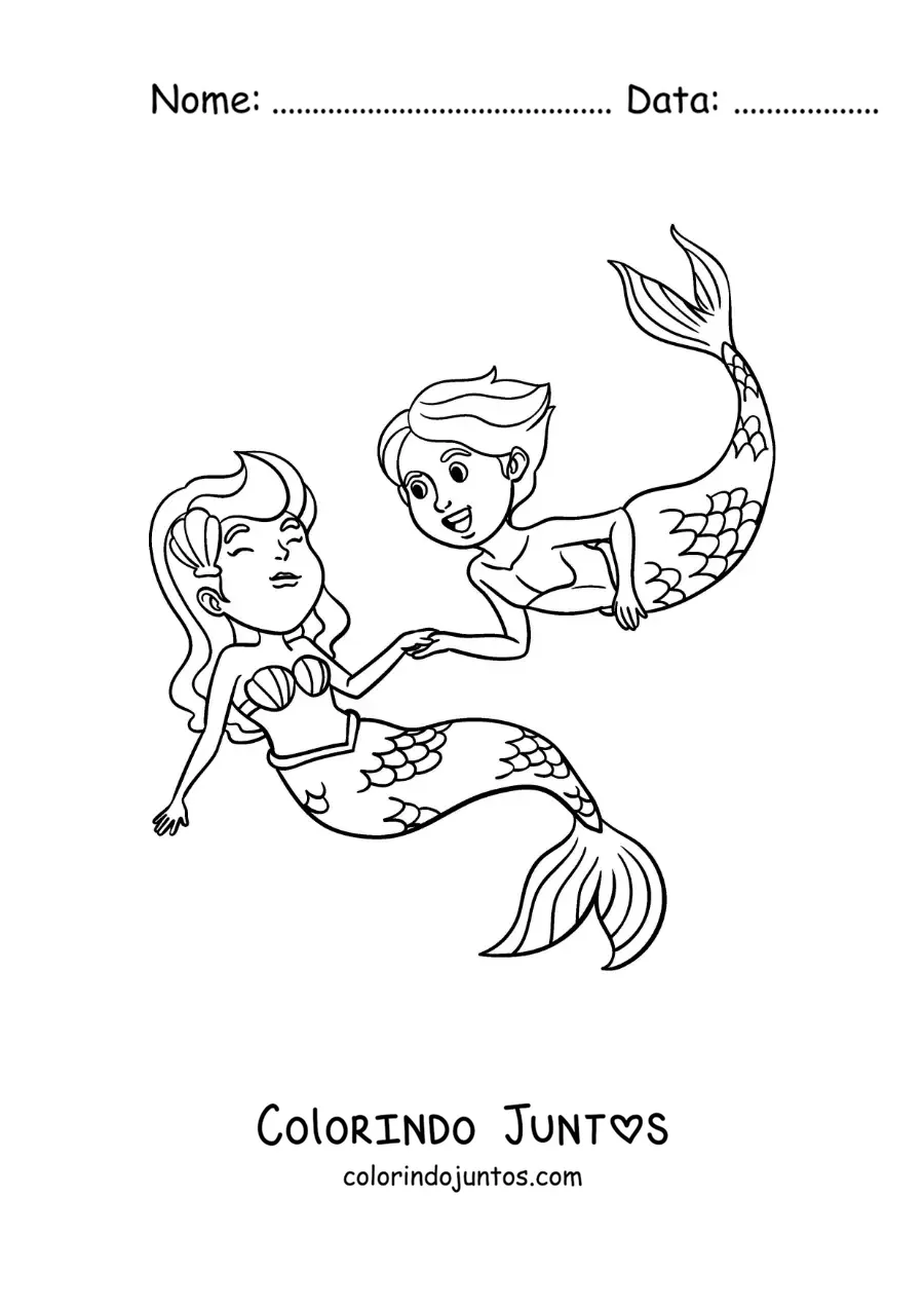 Desenho para colorir de uma sereia e um tritão