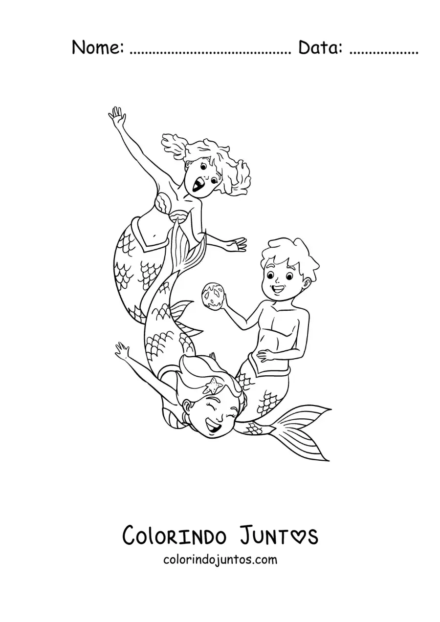 Desenho para colorir de duas sereias e um tritão brincando