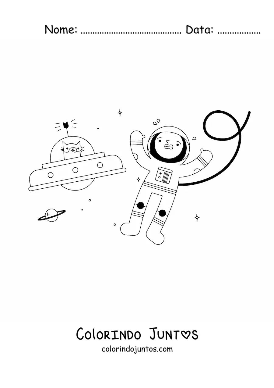 Desenho para colorir de um astronauta e um gato espacial animados no espaço