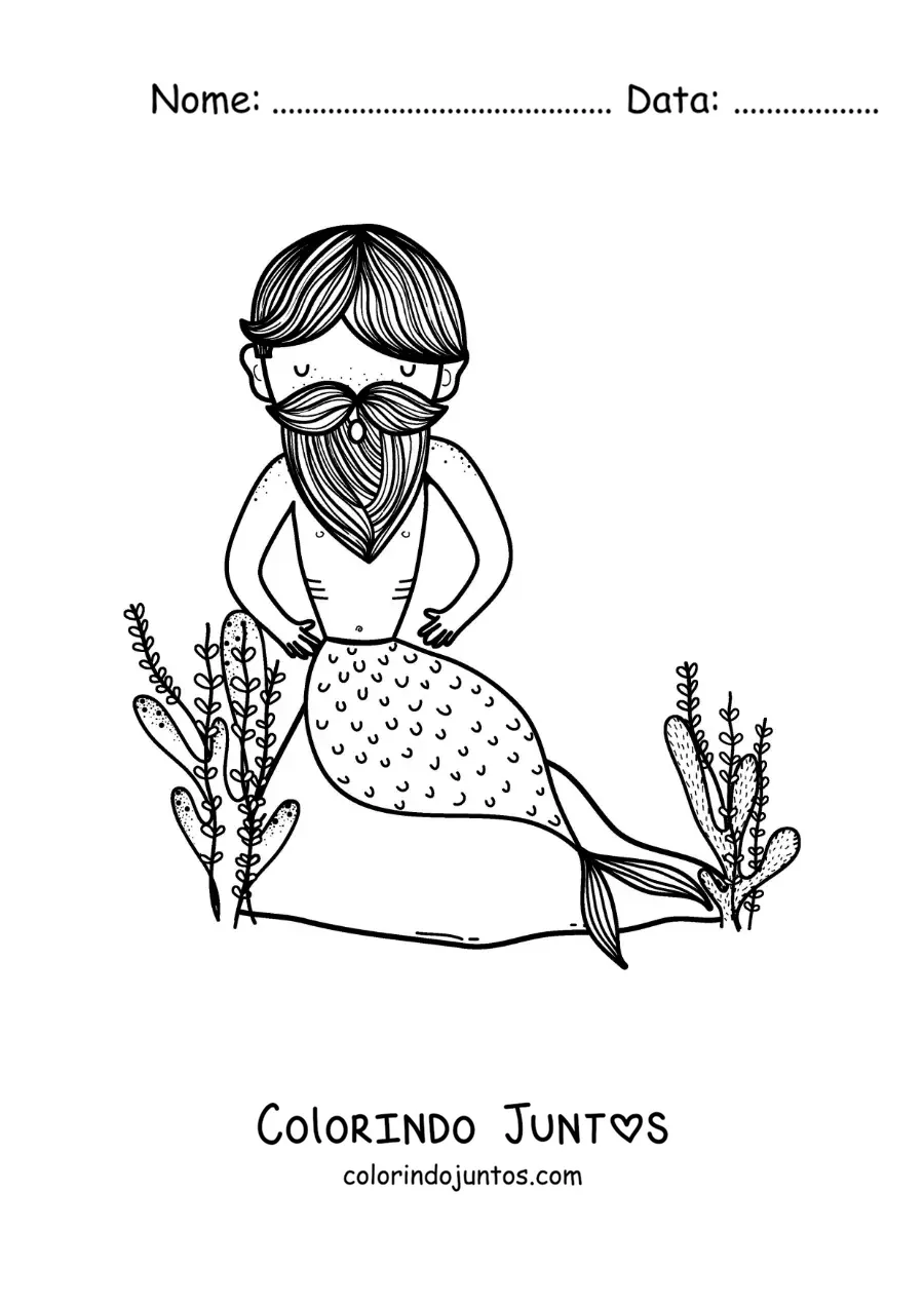 Desenho para colorir de um tritão com barba no mar