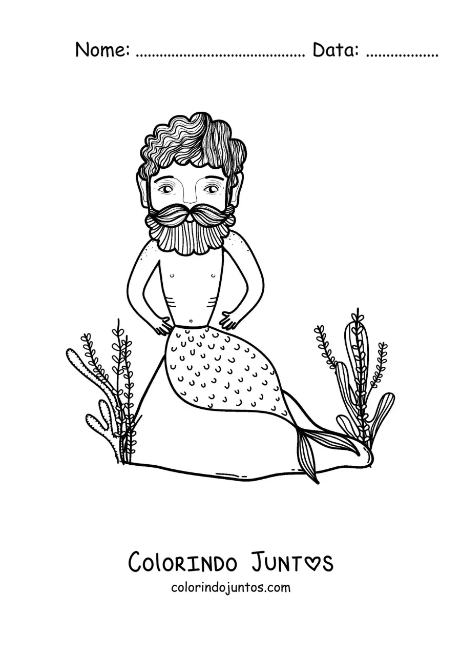 Desenho para colorir de um tritão animado no mar