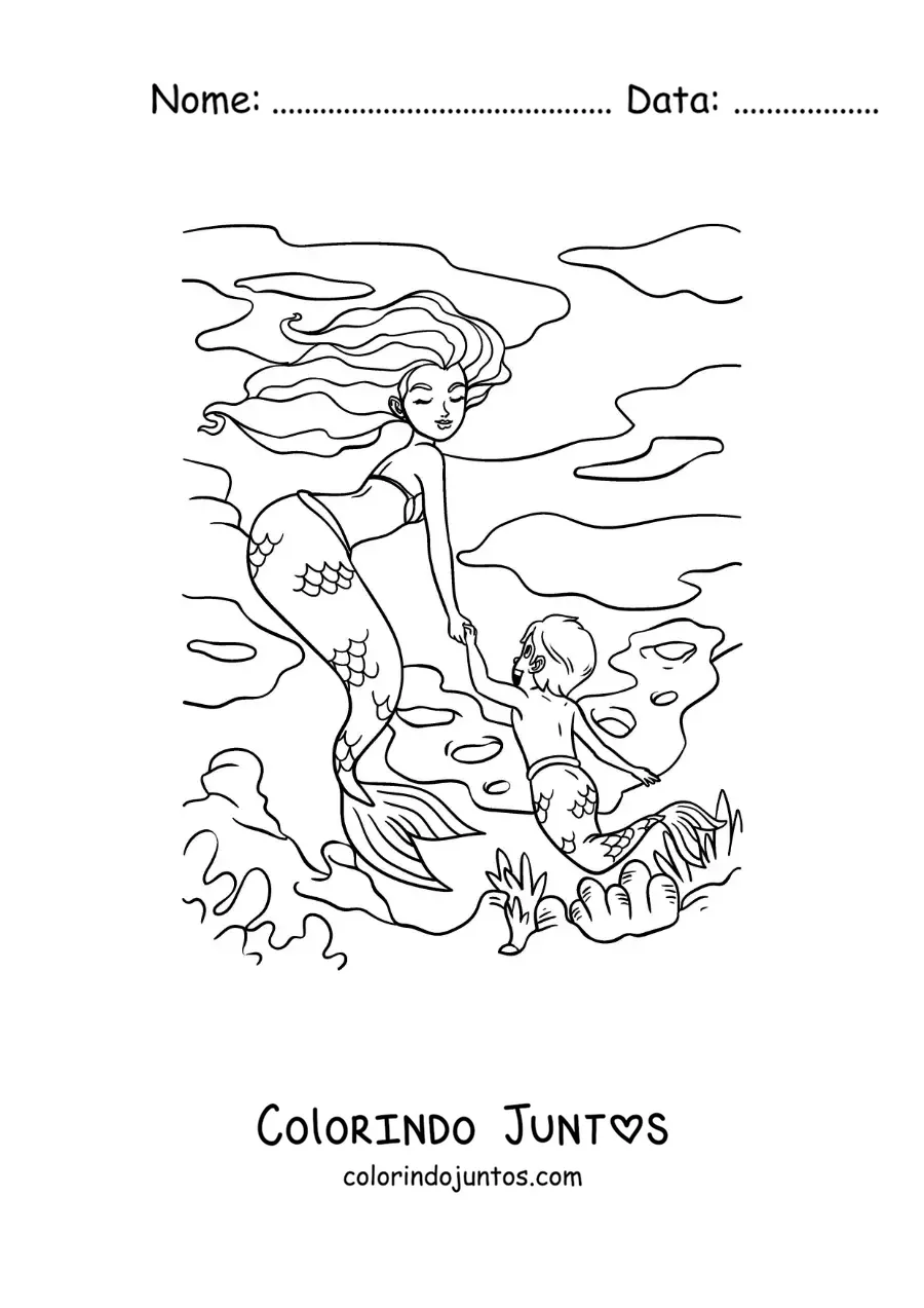 Desenho para colorir de casal de um tritão e uma sereia nadando no mar
