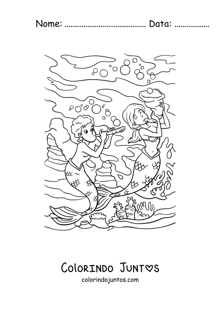 Desenho para colorir de um tritão e uma sereia tocando música no mar