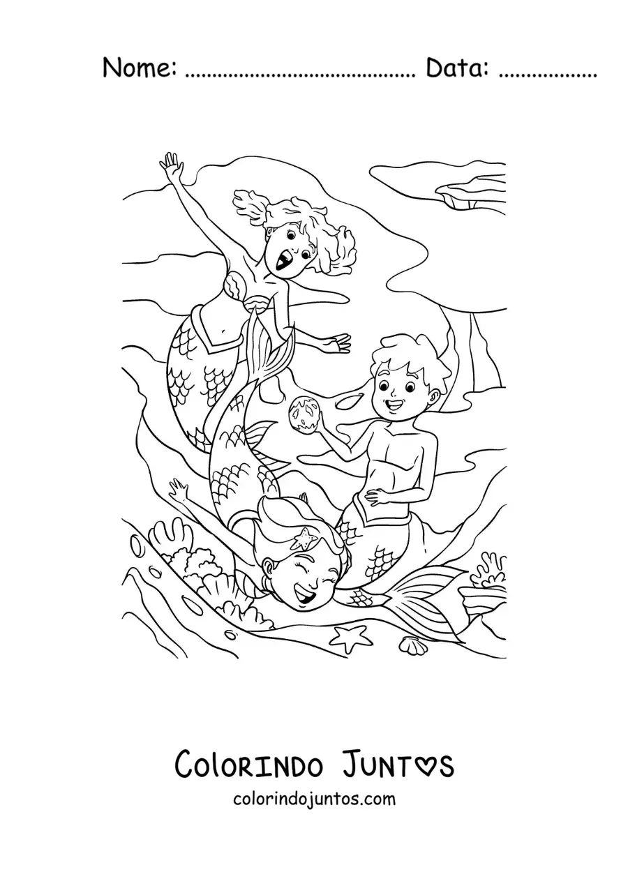 Desenho para colorir de duas sereias e um tritão brincando no mar