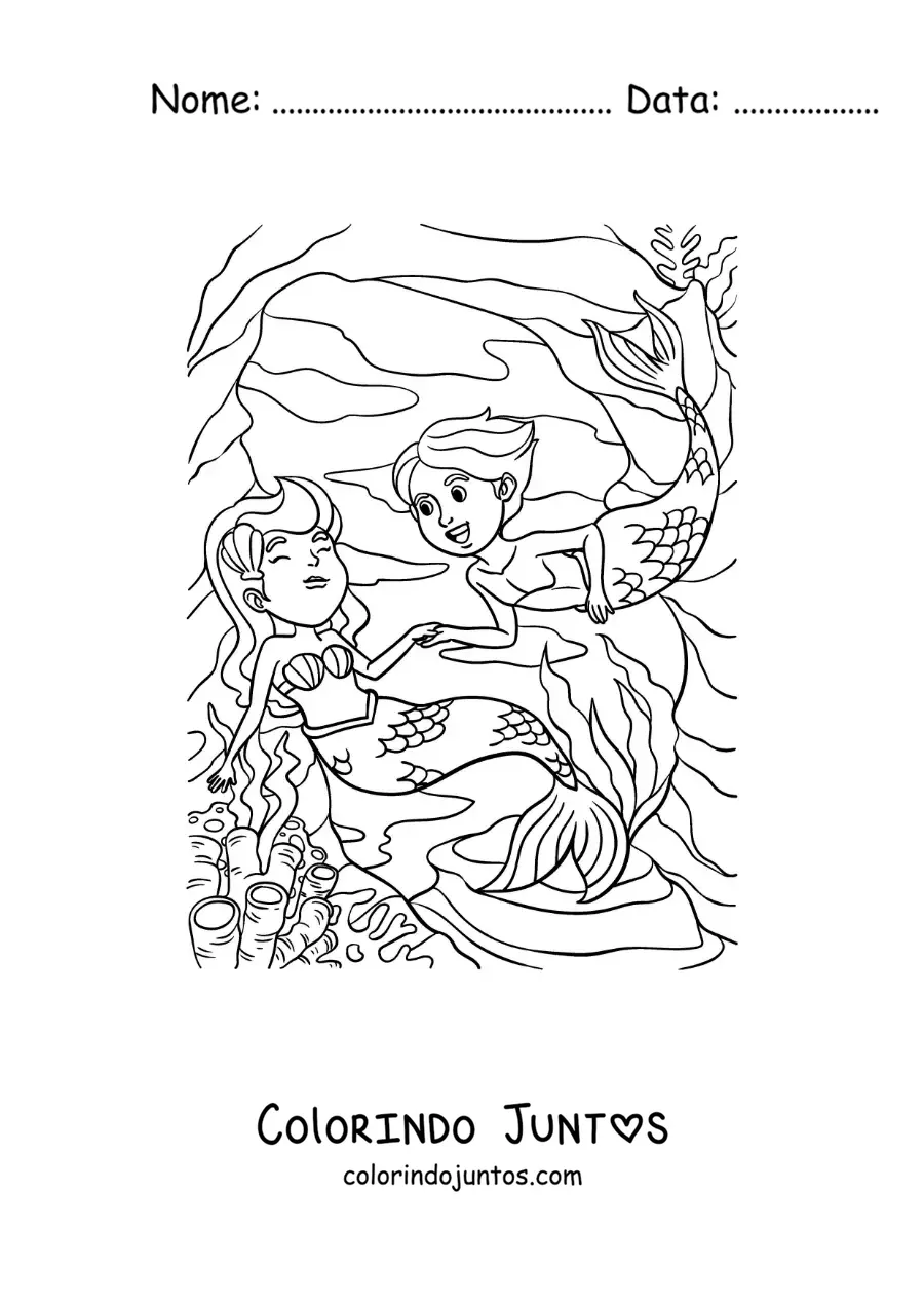Desenho para colorir de uma sereia e um tritão no mar