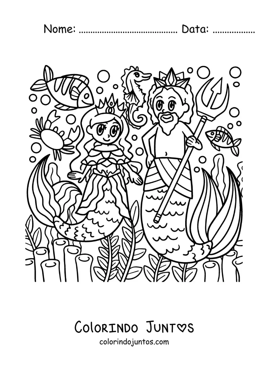 Desenho para colorir do deus Tritão e uma sereia animados