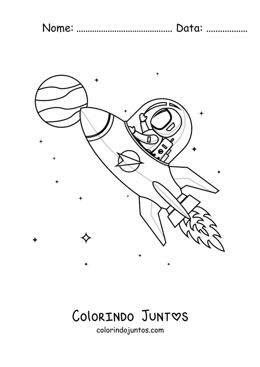 Desenho para colorir de um astronauta pilotando uma nave espacial
