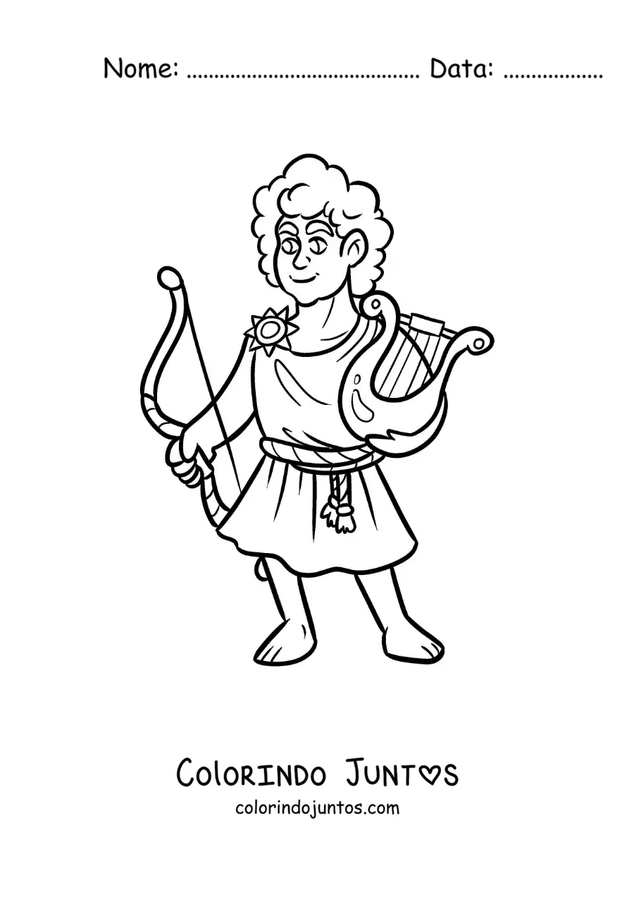 Desenho para colorir do deus grego Apolo animado com sua lira e arco