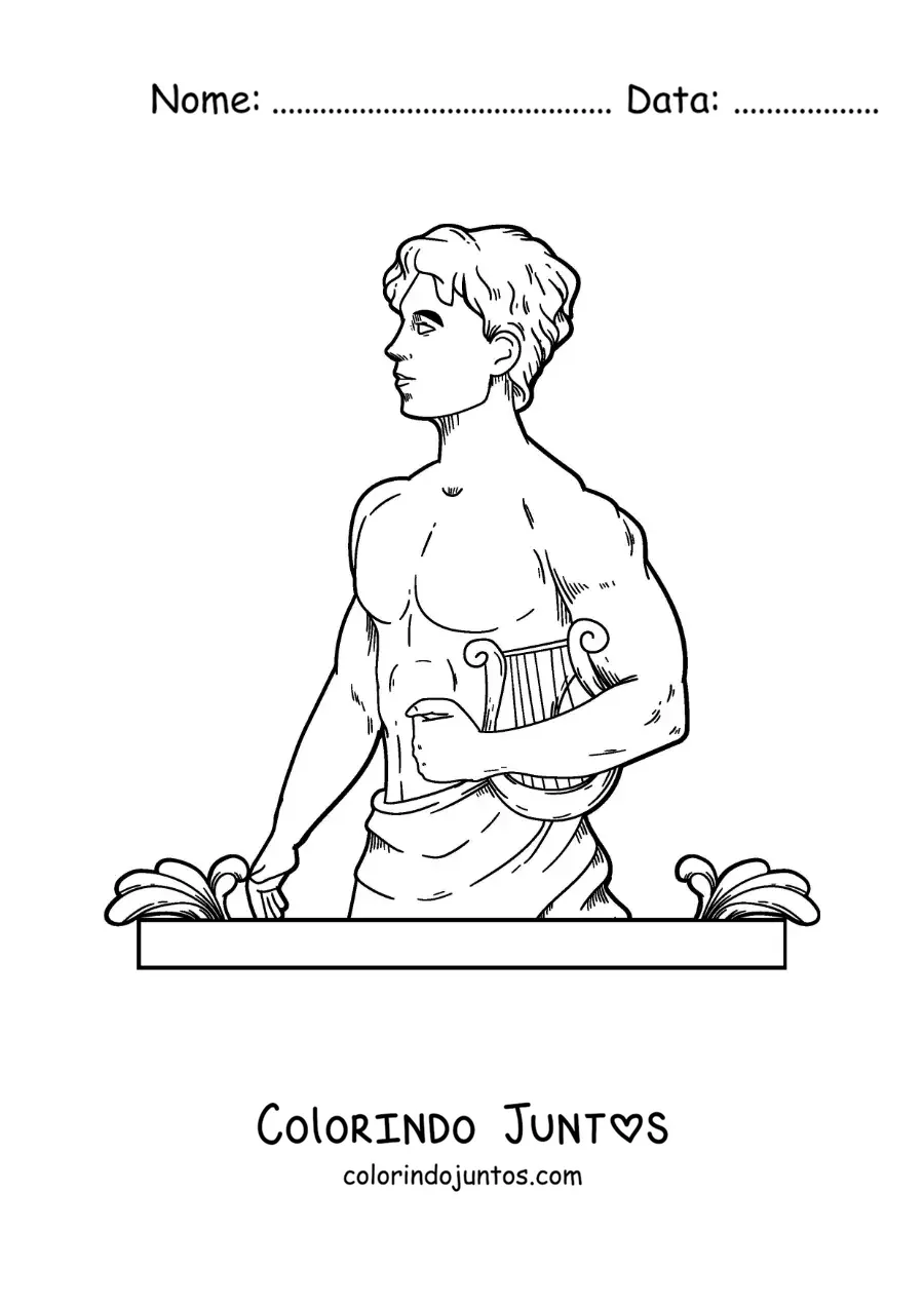 Desenho para colorir do deus Apolo realista com sua lira