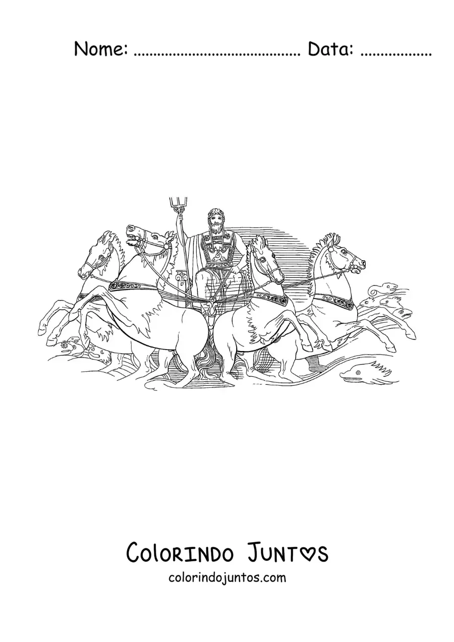 Desenho para colorir do deus Poseidon com seu tridente e seus cavalos